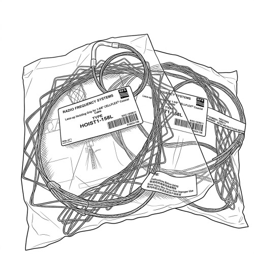 Line art illustration: Two RFS wire mesh lace-up hoisting grips for coaxial cable, packaged