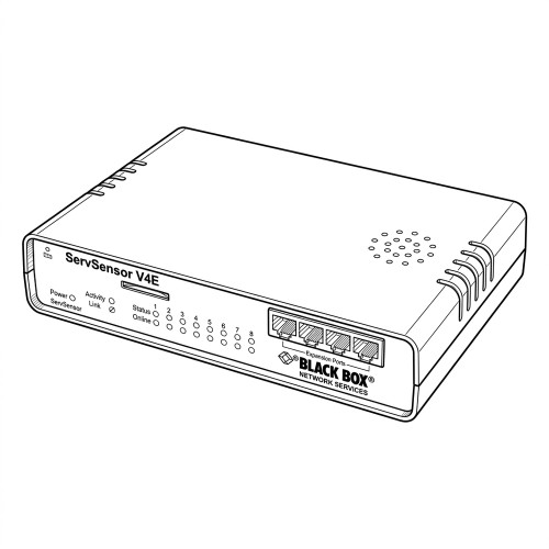 Line art illustration: Black Box ServSensor V4E with LEDs, 8 sensor ports, and 4 expansion ports