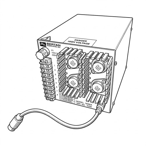 Line art illustration: Bertan high voltage power supply with terminal strip, fuse, power transistors, and heatsinks