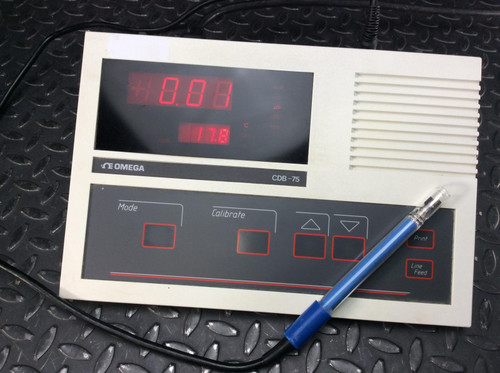 Omega CDB-75 conductivity meter with digital display, control panel, and a blue probe resting on top.