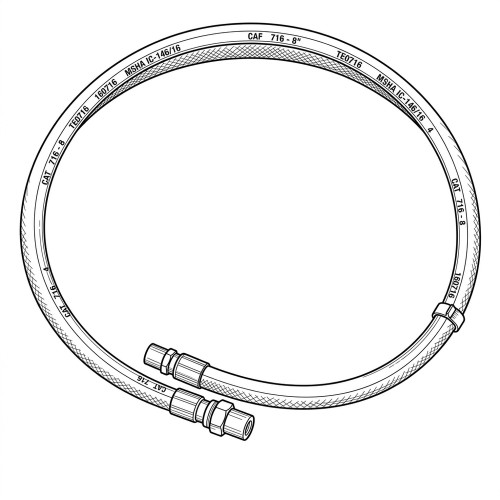Line art illustration: Caterpillar hydraulic hose, coiled, with printed text markings and two quick-disconnect fittings