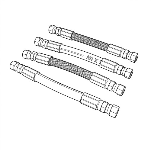 Line art illustration: Four hydraulic hoses: two braided, two smooth, all with threaded end fittings