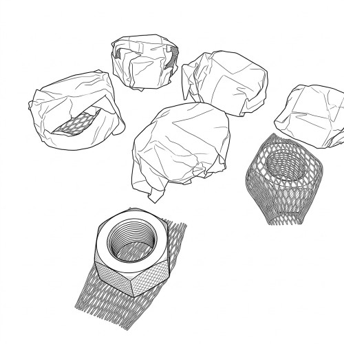 Line art illustration: Heavy-duty hex nut, red mesh protective sleeves, and crumpled white packaging