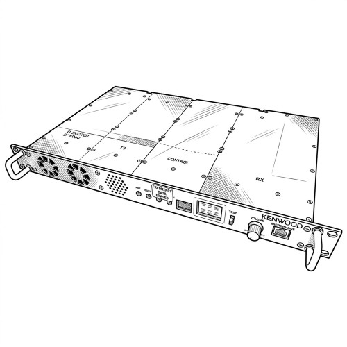 Line art illustration: Kenwood UHF radio repeater: rack-mount unit with front panel fans, speaker, display, and controls