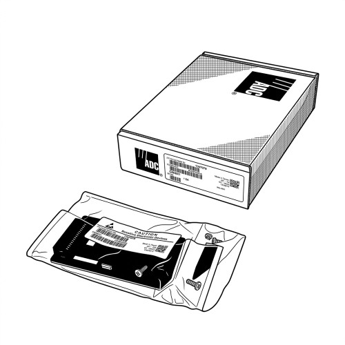 Line art illustration: ADC network module in an anti-static bag, next to its labeled product box and screws