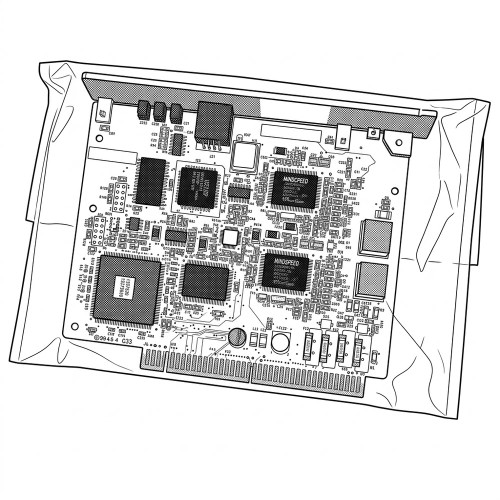 Line art illustration: An ADC Campus RS Line Unit Module circuit board with chips, components, and connectors, in a bag