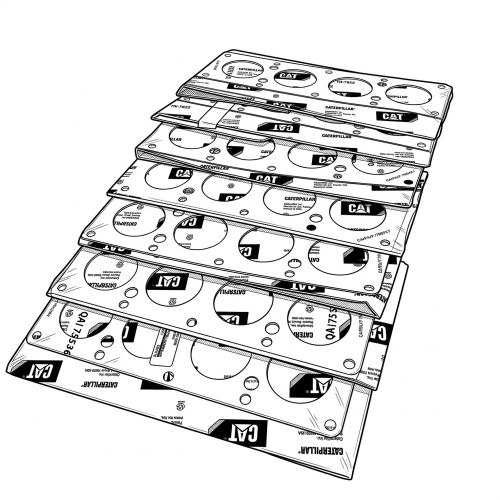 Line art illustration: Seven stacked genuine Caterpillar engine gaskets, displaying holes and 'CAT' branding