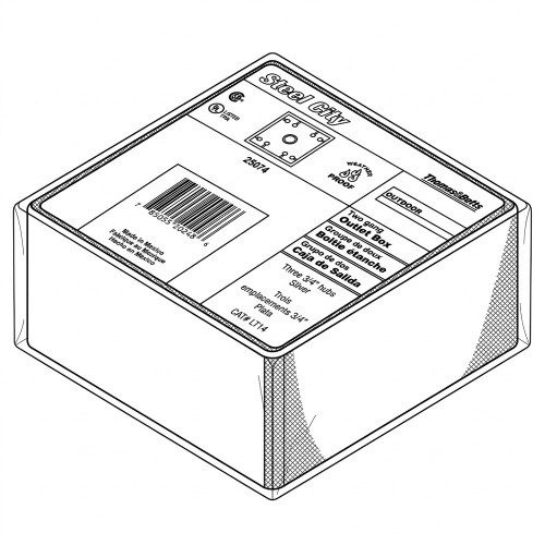 Line art illustration: Steel City outdoor two-gang outlet box with three 3/4" hubs, silver, weather-proof