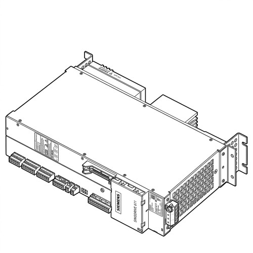 Line art illustration: Siemens Simodrive 611 infeed module, showing various connectors, ventilation openings, and mounting brackets