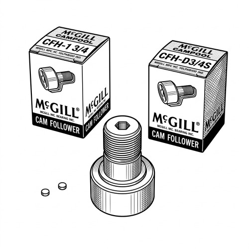 Line art illustration: Boxed and unboxed McGill cam follower bearings with two small washers