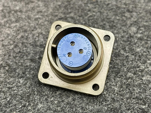 Amphenol 97-3102A-16S-6S 3-pin female circular connector with blue insert and four-hole chassis mount flange.