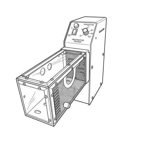 Line art illustration: Restrictor Heater with an attached transparent chamber, ON/STANDBY switch, and temperature dial
