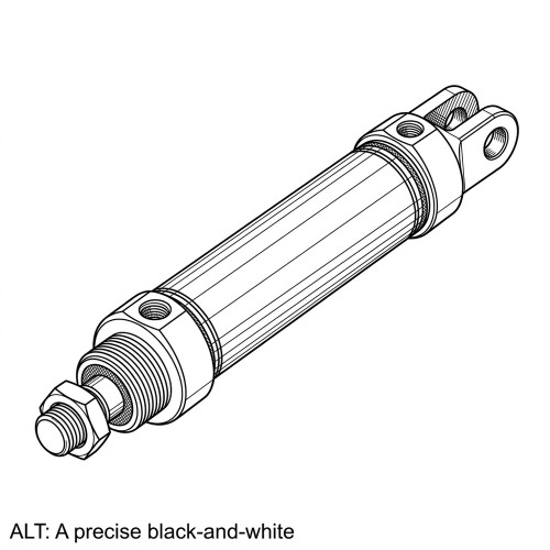 Line art illustration: Industrial air cylinder with a threaded rod, locking nut, and clevis mount