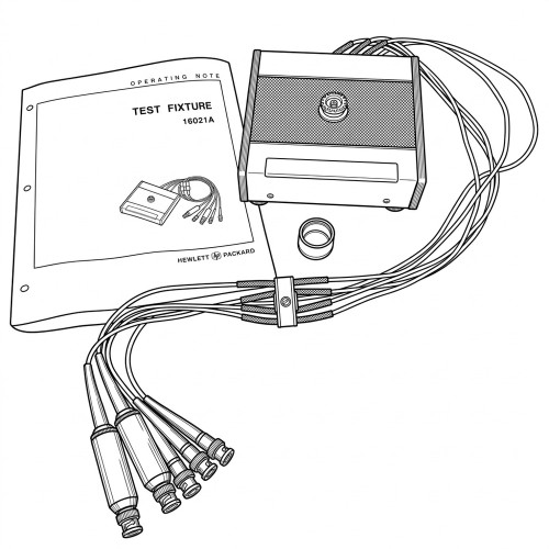 Line art illustration: HP 16021A test fixture with operating manual, main unit, and multiple cables with BNC connectors