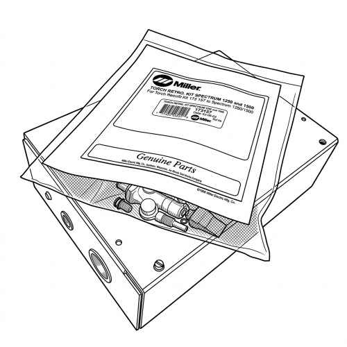 Line art illustration: Miller Torch Retrofit Kit bag with label and visible torch head components on a box