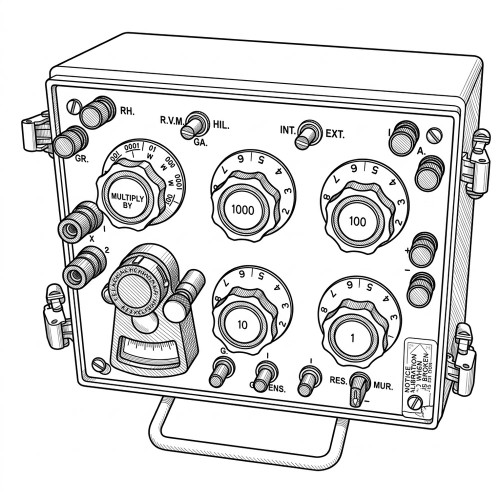 Line art illustration: Skiatron Resistance Bridge with decade and multiplier dials, terminals, switches, and a meter