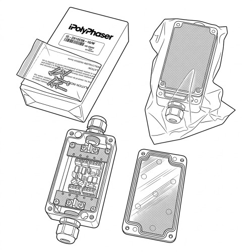 Line art illustration: Polyphaser lightning surge protector, showing packaging, internal circuit board, and enclosure lid
