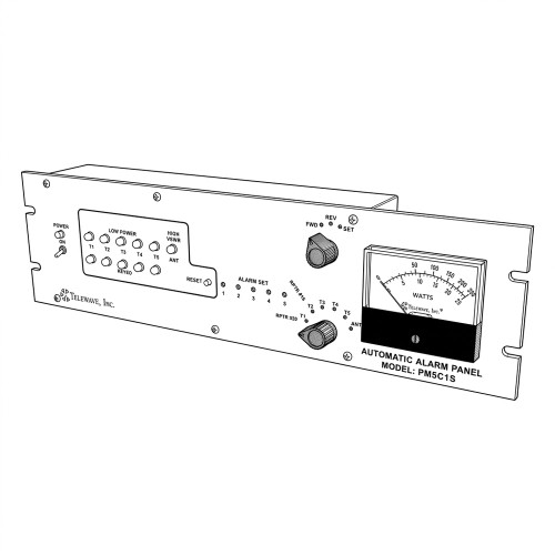 Line art illustration: Telewave automatic alarm panel with status lights, control knobs, and an RF power (WATTS) meter