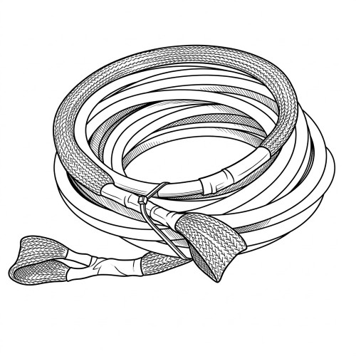 Line art illustration: Coiled ruggedized Cat 5e cord set with braided sections, end connectors, and cable tie