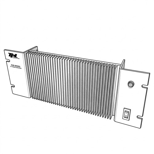 Line art illustration: TPL RXR Series RF power amplifier with prominent heat sink fins, front panel, and rear power switch