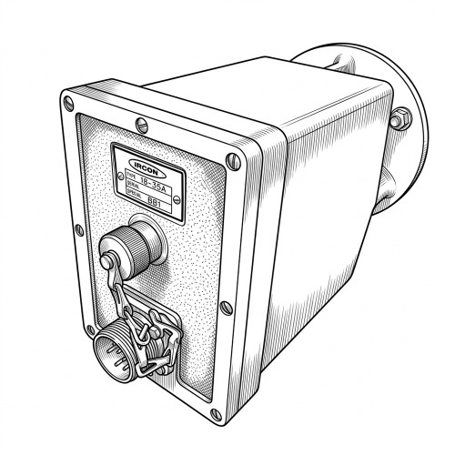 Line art illustration: Ircon infrared thermometer with front panel, control knob, multipin connector, and rear mounting flange