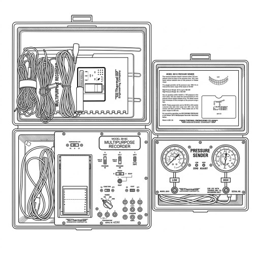 Line art illustration: Thermal Engineering multipurpose recorder and pressure sender, with gauges, wires, and controls