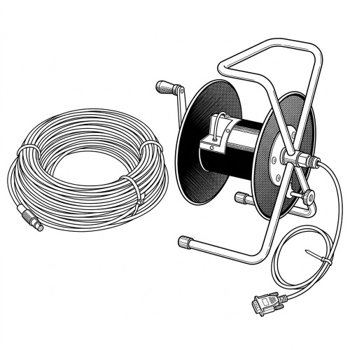 Line art illustration: Hannay Reels slip ring cable reel with a large coiled field cable and connectors