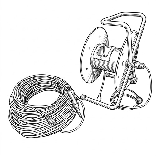 Line art illustration: Cable reel with stand and handle, plus coiled field cable with sensor probe