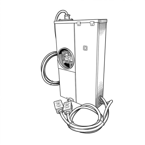 Line art illustration: Square D 100A load center with meter socket, cables, and two plugged-in duplex receptacles