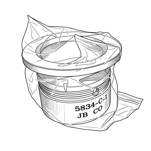 Line art illustration: Cylindrical metal bearing housing in plastic packaging, with part number 5834-C-1 visible