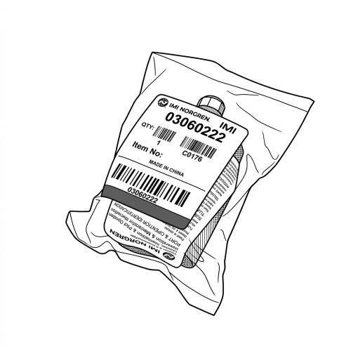 Line art illustration: IMI Norgren 03060222 Roller Spring Inline Valve in clear bag with product label