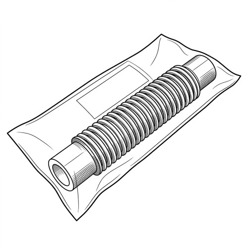 Line art illustration: Corrugated flexible hose sealed within clear plastic packaging, featuring a rectangular label