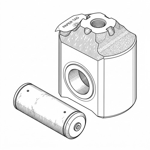 Line art illustration: Air compressor crosshead with threaded top, side bore, and separate cylindrical pin. Includes paper tag