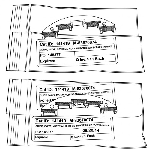 Line art illustration: Two bagged M-shaped guide valves with labels showing part number M-83670074