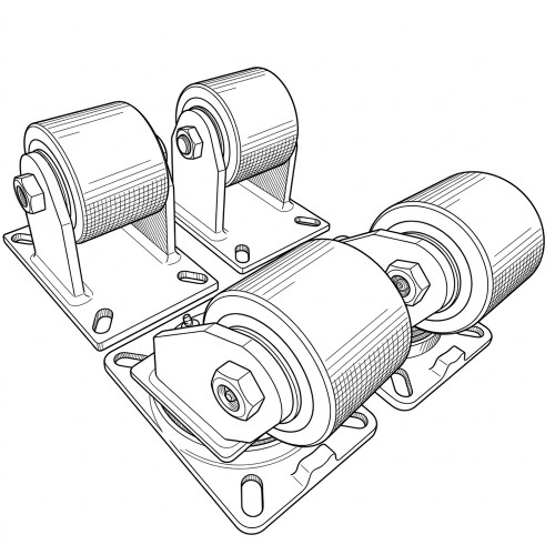 Line art illustration: Four heavy-duty casters with polyurethane rollers, mounting brackets, and base plates