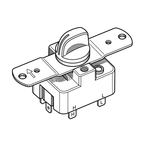 Line art illustration: Allen-Bradley selector switch with rotating knob, mounting plate, and electrical pins