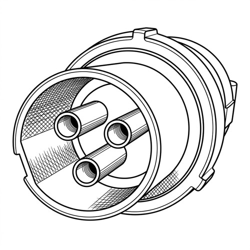 Line art illustration: Appleton industrial power plug with cylindrical body, three tubular contacts, and ribbed exterior
