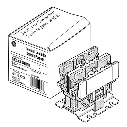 Line art illustration: GE Compact Contactor Definite Purpose: a multi-pole electrical contactor unit and its labeled box