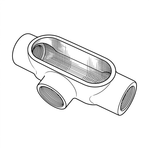 Line art illustration: T-shaped conduit body featuring three threaded connections and an open oval access port