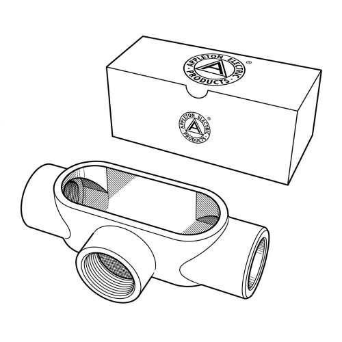 Line art illustration: T-shaped electrical conduit body with multiple threaded ports, next to its branded box