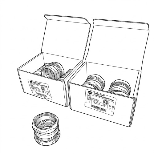 Line art illustration: Two open boxes of 2" Crouse-Hinds EMT compression couplings, with one coupling shown separately