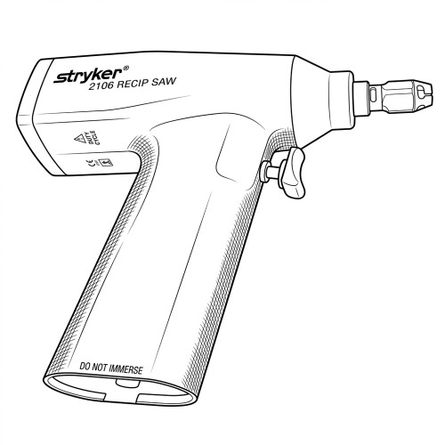 Line art illustration: Stryker 2106 reciprocating saw handpiece with ergonomic handle, trigger, and blade chuck