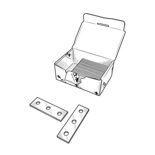 Line art illustration: Open Eaton box containing many stacked 3-hole splice plates, with two plates shown separately