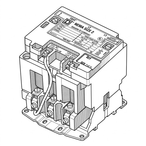 Line art illustration: Square D magnetic motor starter showing top label, control coil, and electrical terminals