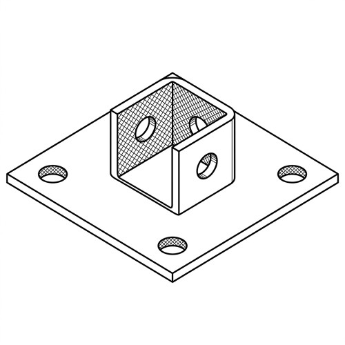 Line art illustration: Square post base featuring a flat plate with four corner holes, and a central two-sided bracket with holes