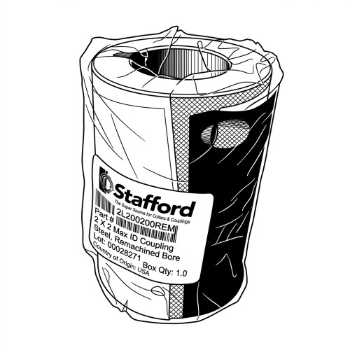 Line art illustration: A cylindrical Stafford steel coupling, wrapped in plastic, with a product label and barcode