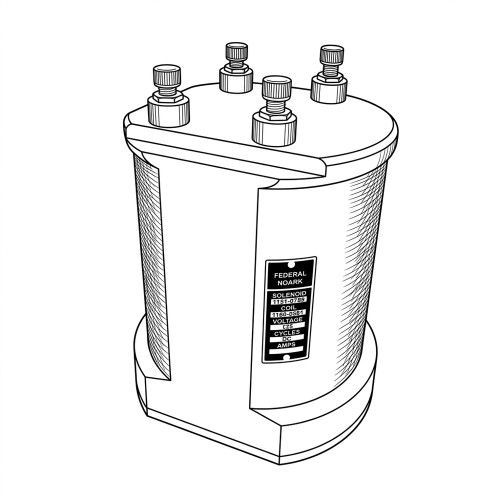 Line art illustration: Federal NoARK solenoid with a cylindrical body, four top terminals, and a product label