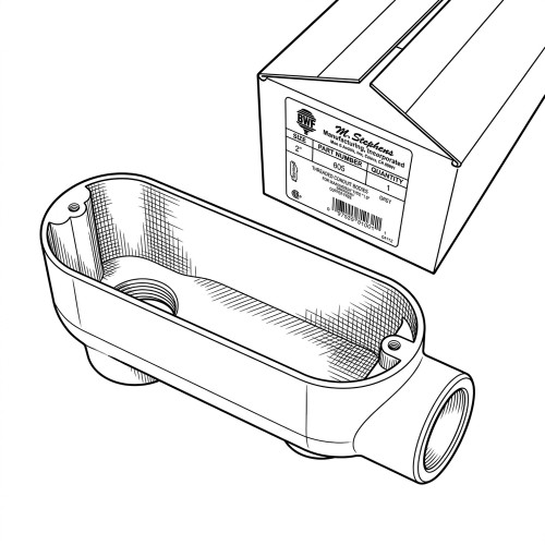 Line art illustration: A BWF M. Stephens 2-inch threaded conduit body with an open top and packaging box