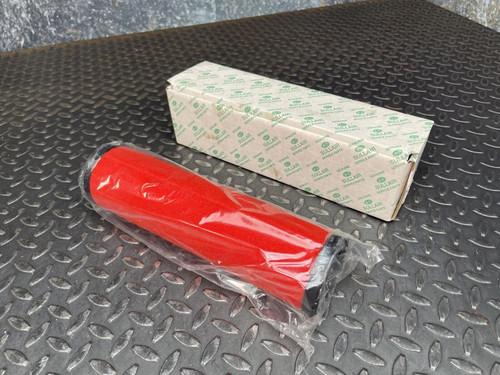 Sullair 250024-427 air filter replacement, red and sealed in plastic, next to its open Sullair branded box.