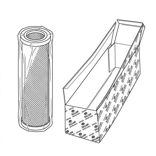 Line art illustration: Cylindrical air filter in plastic wrap beside an open Sullair genuine service parts box